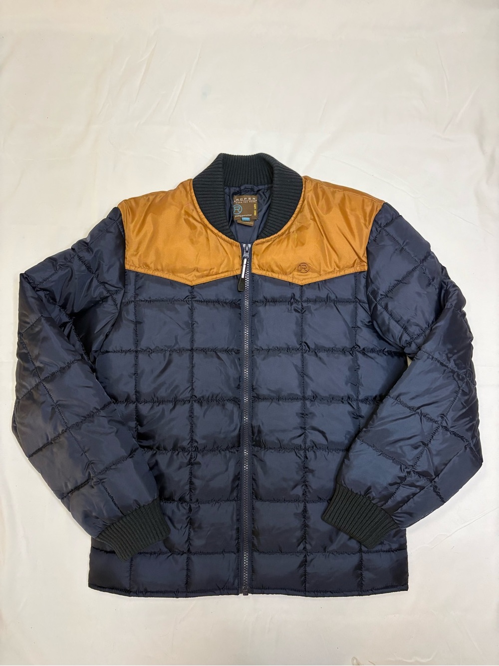 Roper Boys Price Point Quilted Large Poly Fill Puffer Jacket Navy Blue Tan Yoke